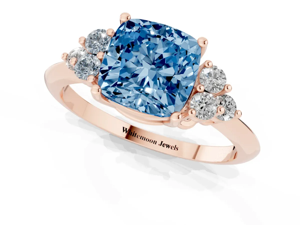 Fancy Blue Cushion Cut Cut Diamond Cluster Ring with Solitaire Band and Four-Prong Setting Rose gold