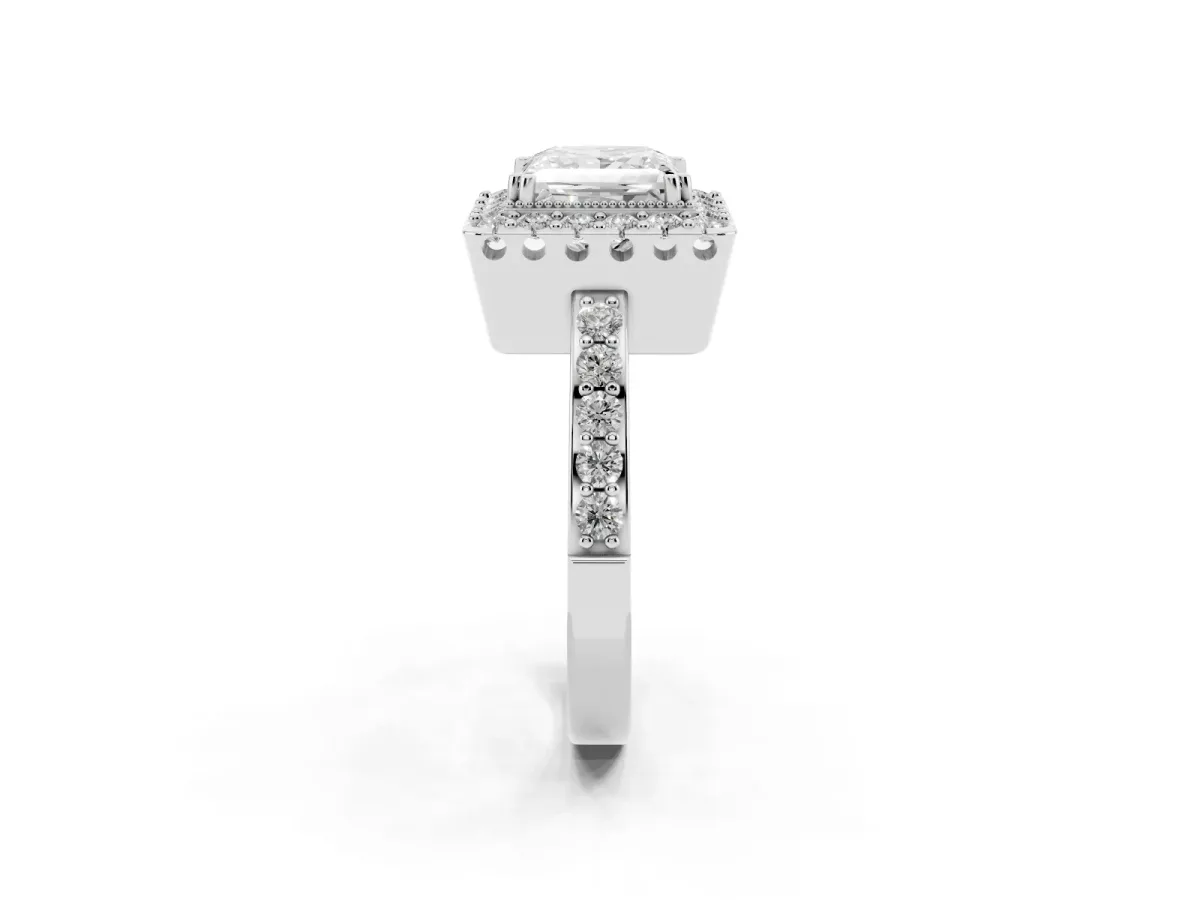 Princess Cut Diamond Halo Ring with Pavé Band and Prong Setting Silver