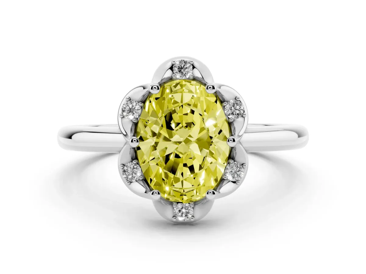 Fancy Yellow Oval Cut Halo Diamond Ring with Round Cluster Setting, Solitaire Band, and Four-Prong Setting Platinum