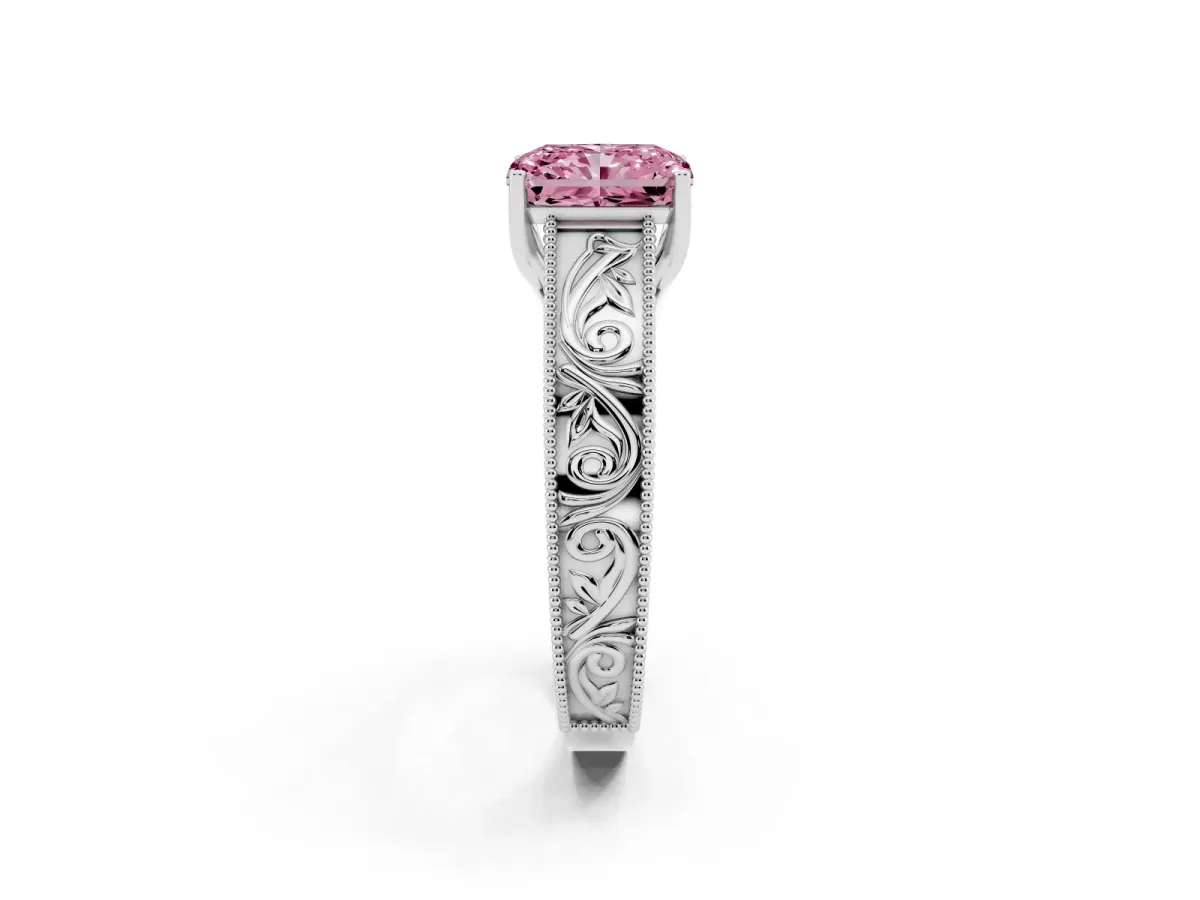 Fancy Pink Radiant Cut Diamond Solitaire Ring with Engraved Band and Four-Prong Setting White gold