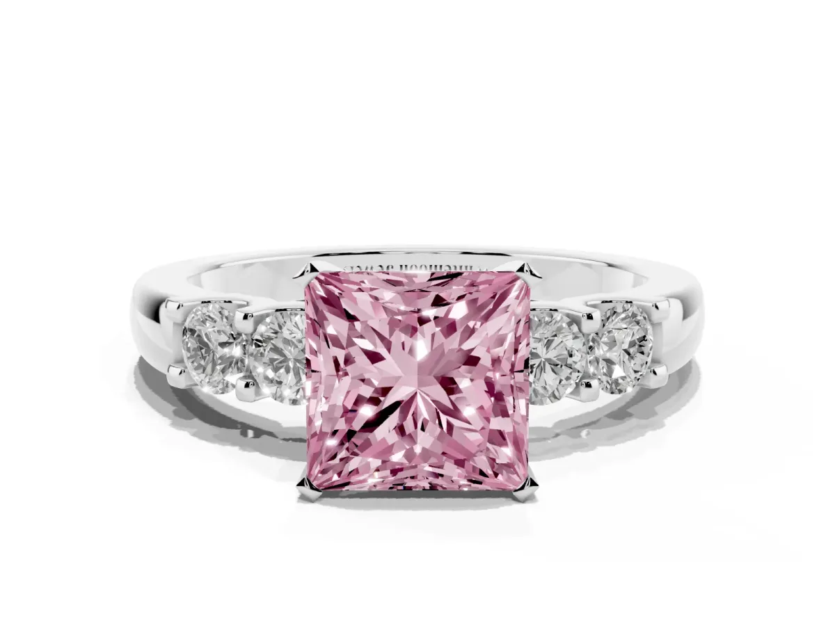 Fancy Pink Princess Cut Brilliant Cut Diamond Five-Stone Prong Set Engagement Ring with Channel Band White gold