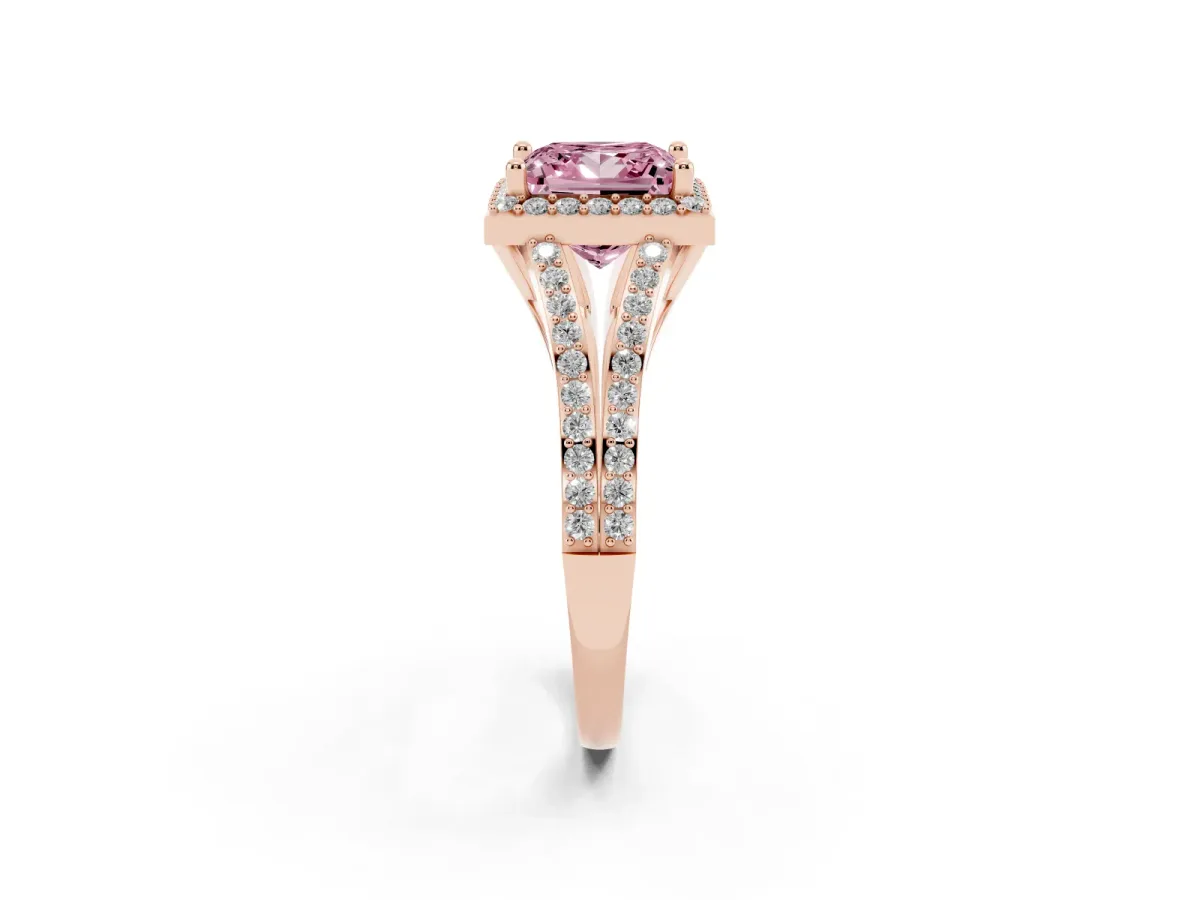 Fancy Pink Princess Cut Halo Split Shank Diamond Ring with Prong Setting Rose gold