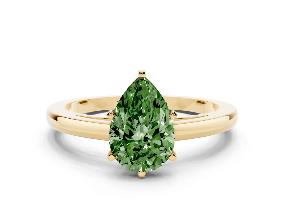 Fancy Green Pear Cut Solitaire Diamond Engagement Ring with Four-Prong Setting on a Classic Band Yellow gold