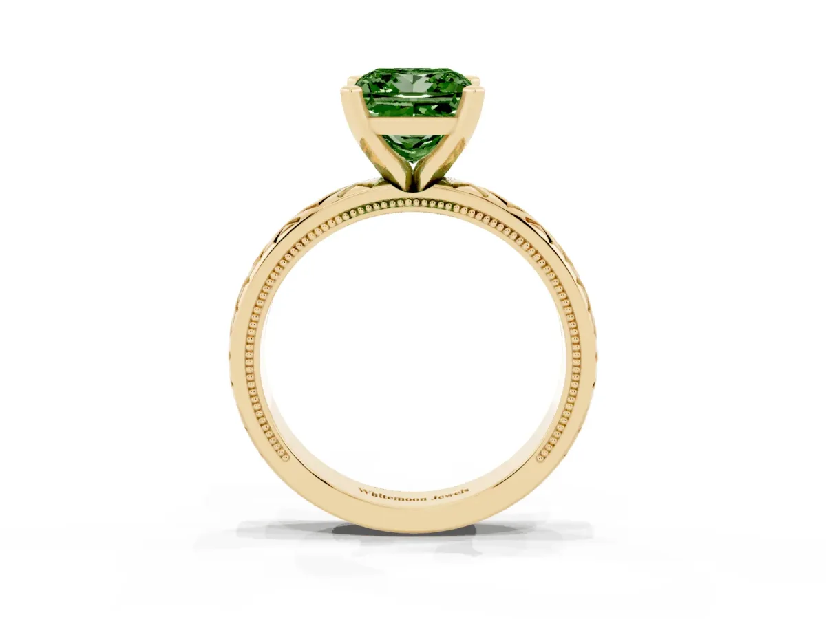 Fancy Green Princess Cut Solitaire Diamond Ring with Milgrain and Black Enamel X Pattern Band Yellow gold