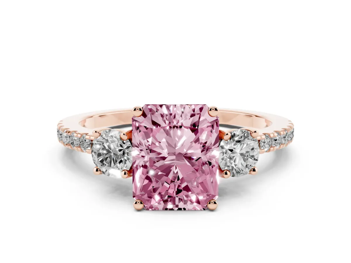 Fancy Pink Three-Stone Radiant Cut Cut Diamond Pavé Band with Prong Setting Rose gold