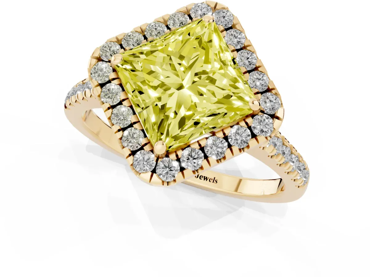 Fancy Yellow Princess Cut Diamond Cushion Halo Ring with Pavé Band Yellow gold