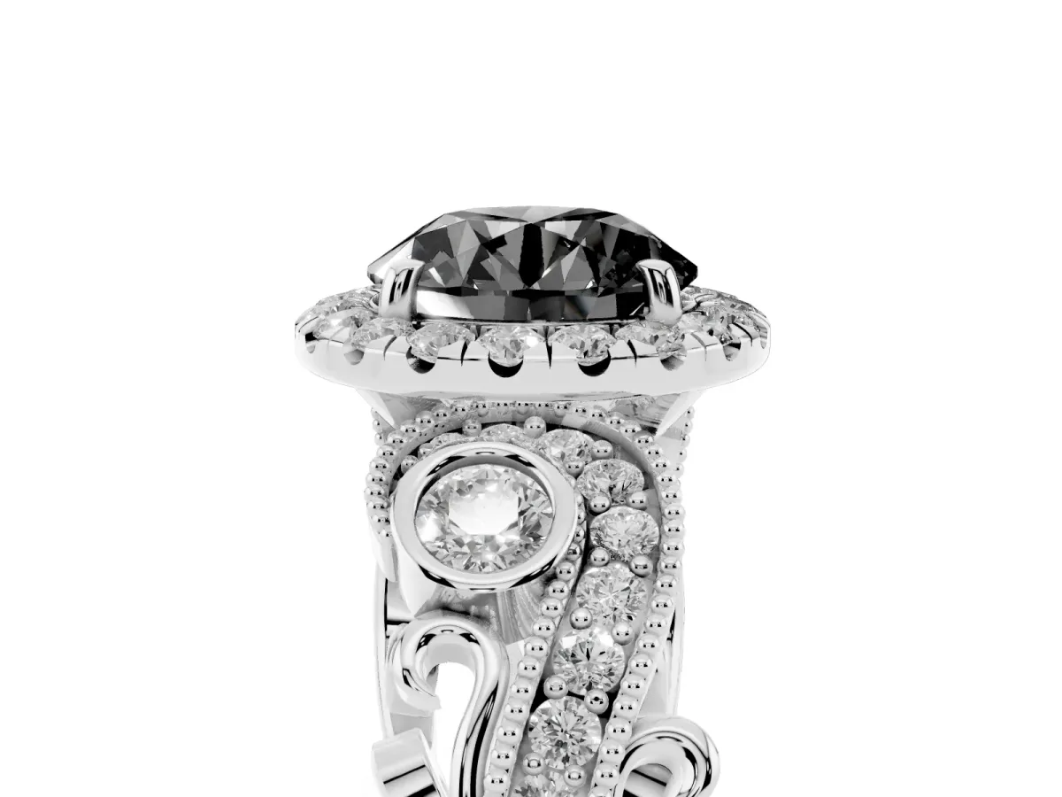 Fancy Black Round Cut Halo Diamond Ring with Milgrain and Bezel Accents on a Split Shank Band Platinum