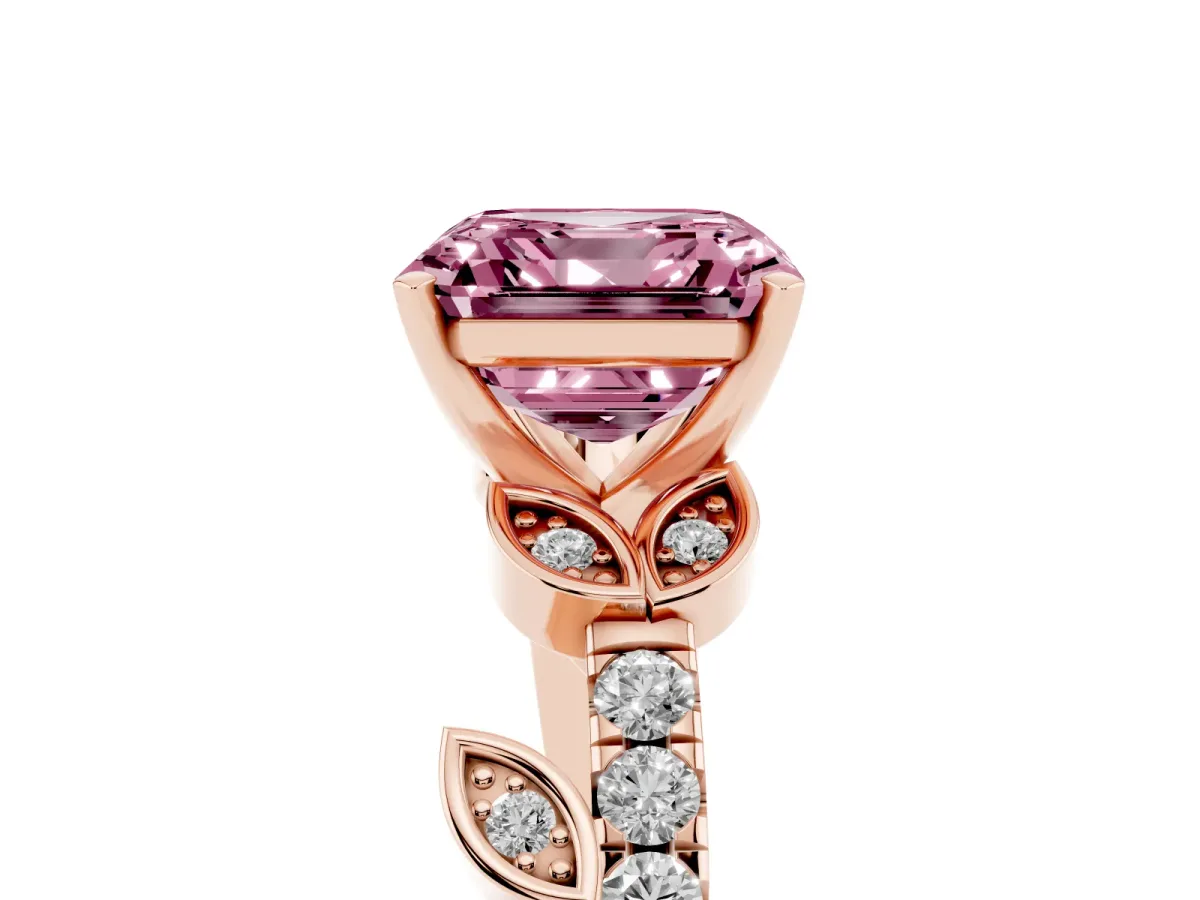 Fancy Pink Asscher Cut Solitaire Leaf-Inspired Diamond Ring with Pavé Band and Four-Prong Setting Rose gold