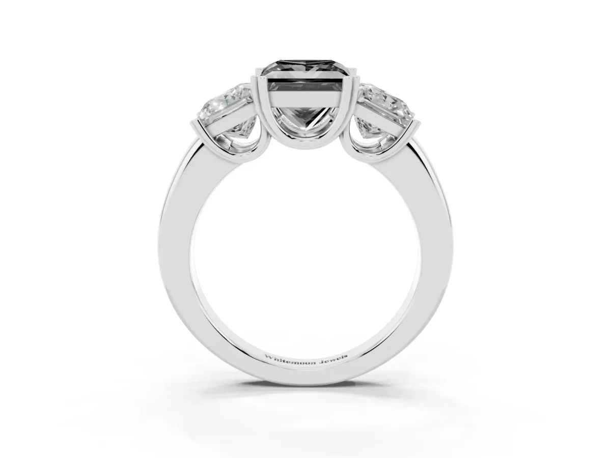 Fancy Black Three-Stone Princess Cut Cut Diamond Ring with Channel Set Band and Four-Prong Setting Platinum