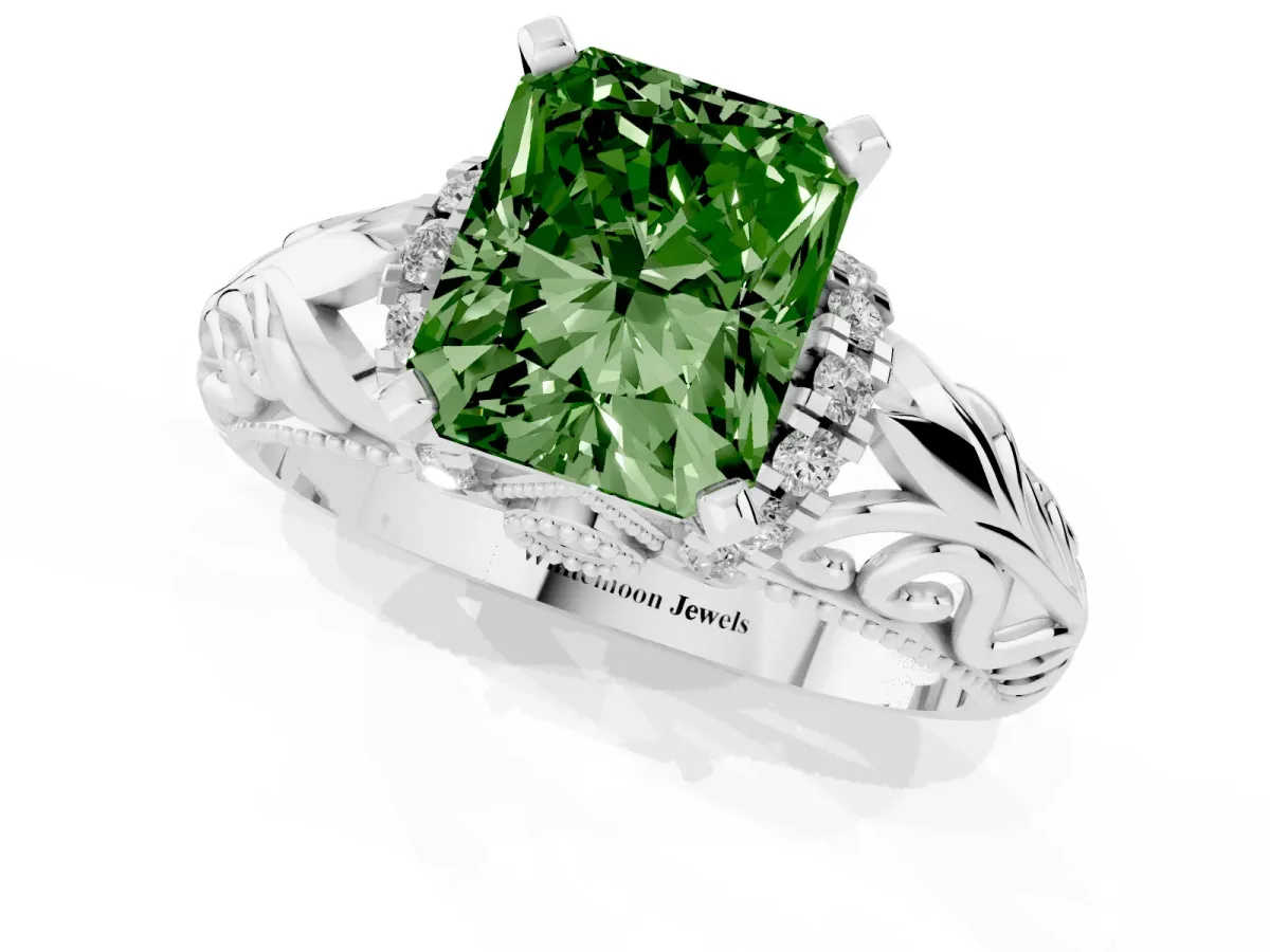 Fancy Green Radiant Cut Solitaire Filigree Engagement Ring with Halo and Prong Setting White gold