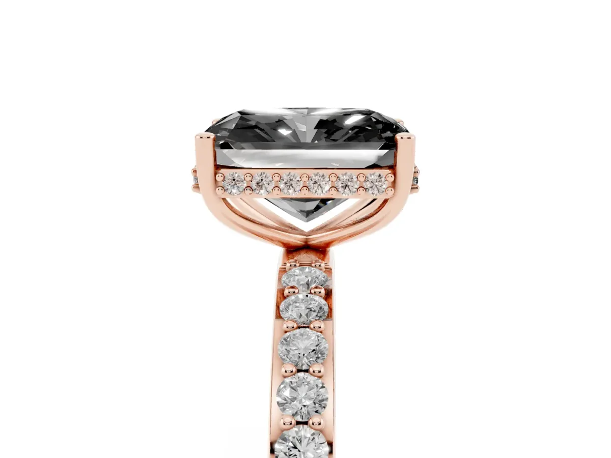 Fancy Black Radiant Cut Diamond Solitaire Ring with Pavé Band and Hidden Halo Rose gold