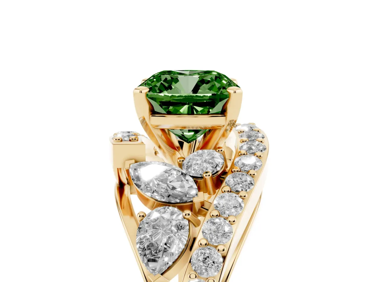 Fancy Green Cushion Cut Diamond Halo Ring with Marquise and Pavé Band in Prong Setting Yellow gold