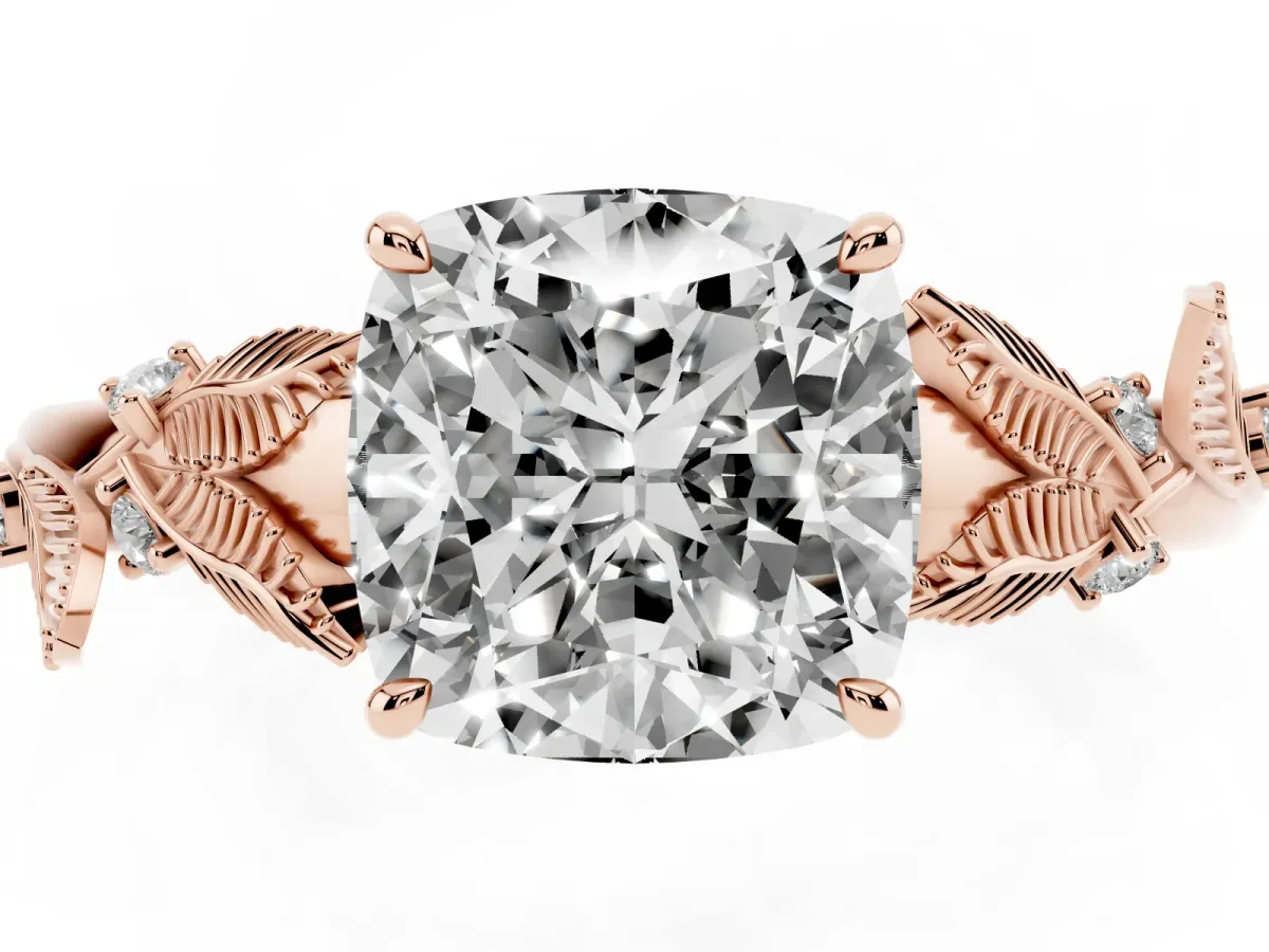 Cushion Cut Diamond Solitaire Ring with Leaf Motif Band and Four-Prong Setting Rose gold