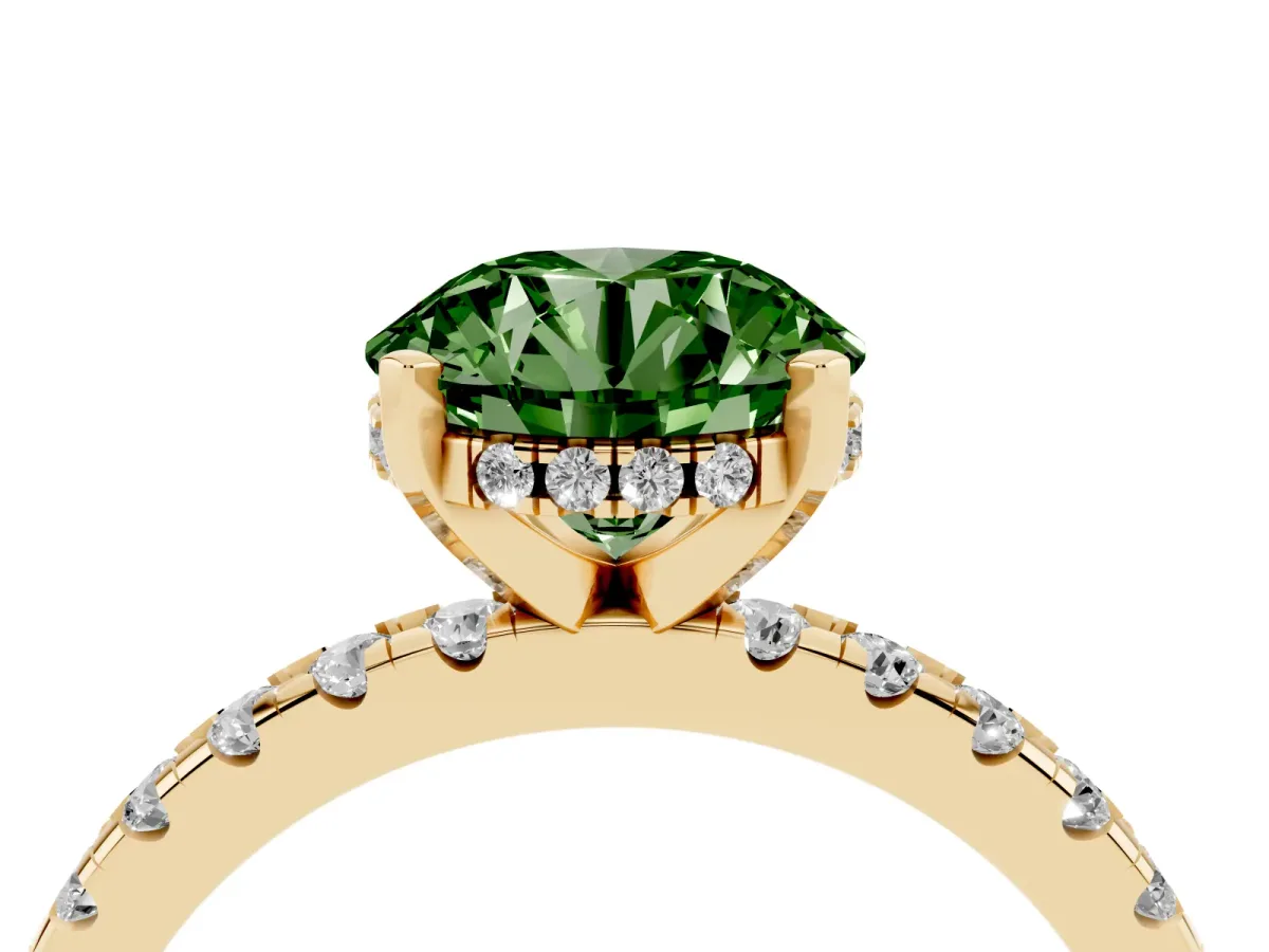 Fancy Green Round Cut Diamond Solitaire Ring with Round Pavé Band and Four-Prong Setting Yellow gold