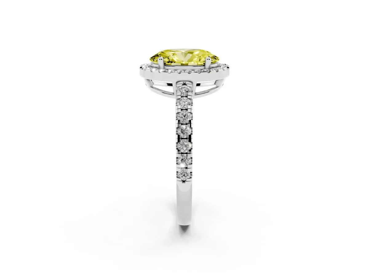 Fancy Yellow Oval Cut Diamond Halo Ring with Pavé Band and Four-Prong Setting White gold