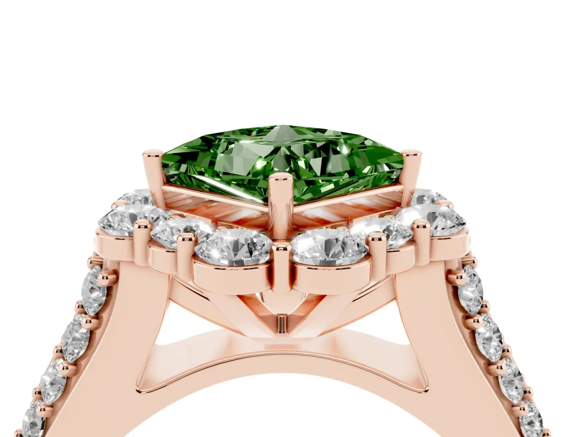 Fancy Green Princess Cut Halo Diamond Engagement Ring with Split Shank and Prong Setting Rose gold