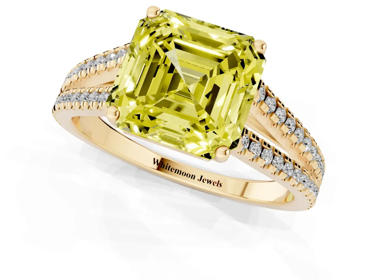 Fancy Yellow Asscher Cut Diamond Solitaire Engagement Ring with Split Shank Pavé Band Yellow gold