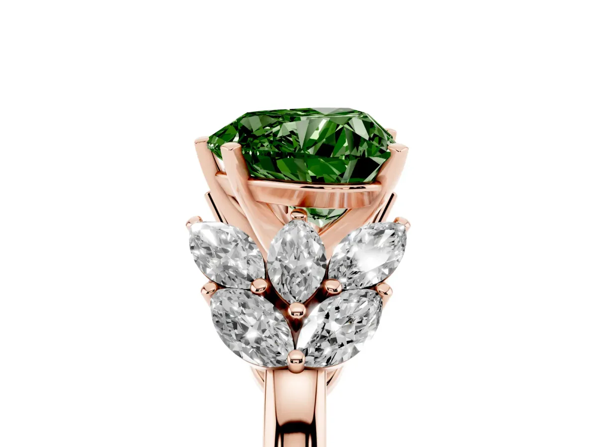 Fancy Green Heart Cut Diamond Cluster Leaf Design Ring with Prong Setting Rose gold
