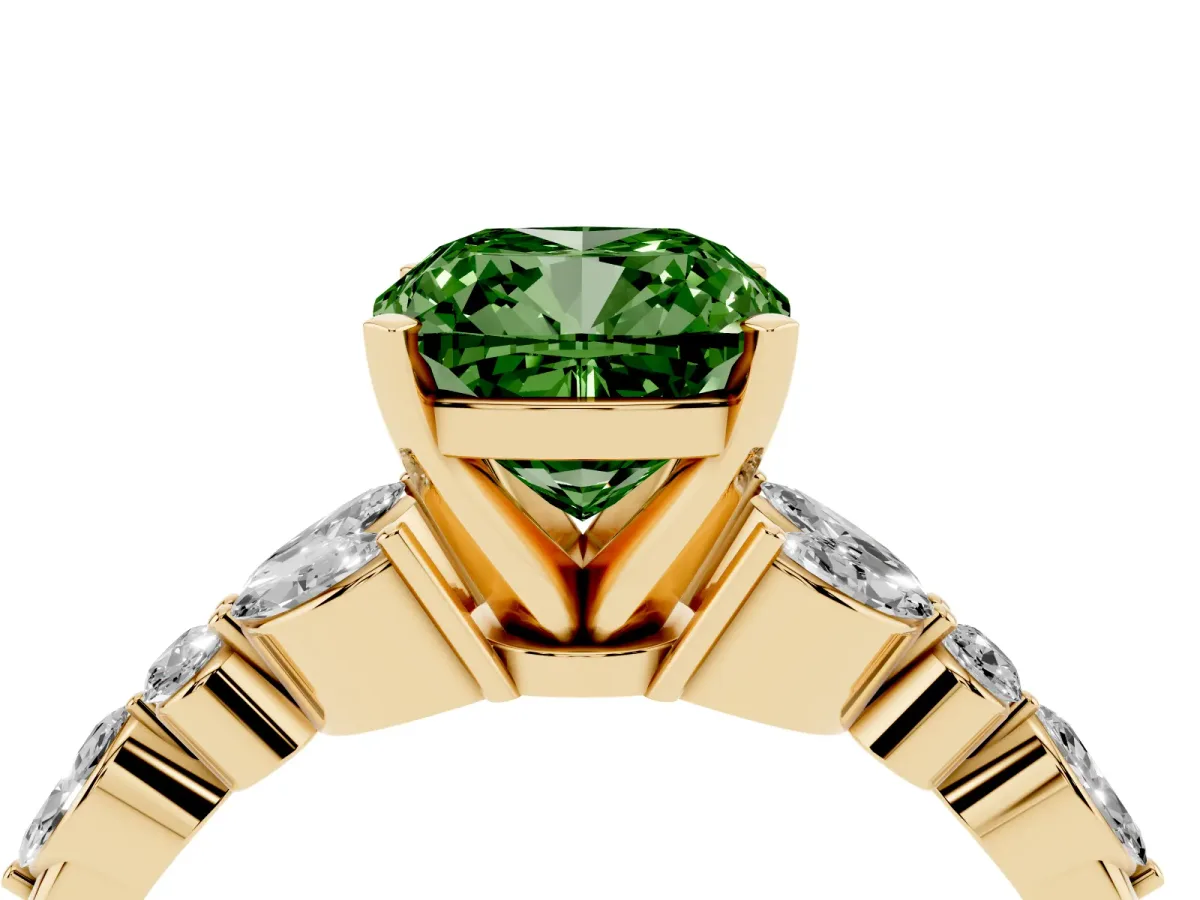 Fancy Green Cushion Cut Diamond Solitaire Ring with Side Stones and Four-Prong Setting Yellow gold