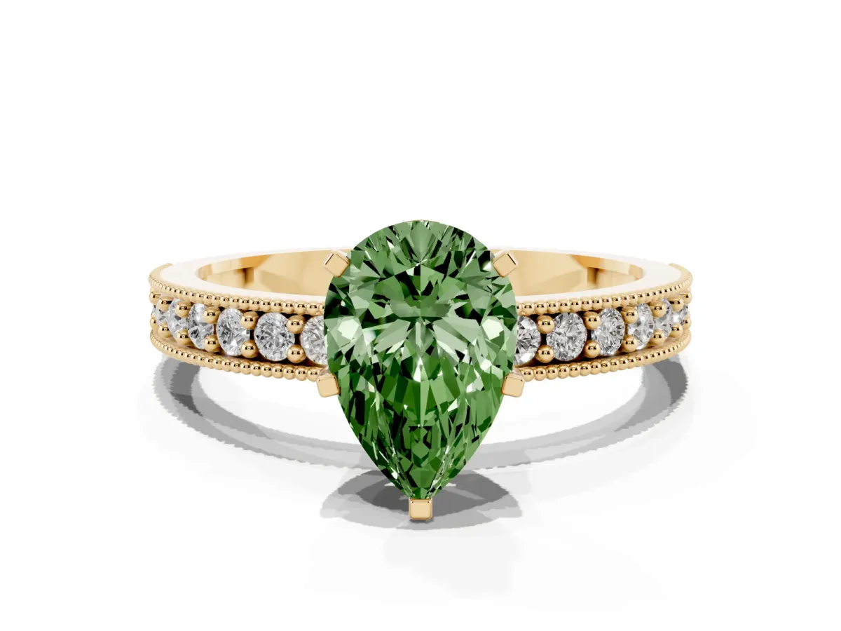 Fancy Green Pear Cut Diamond Milgrain Pavé Engagement Ring with Four-Prong Setting Yellow gold