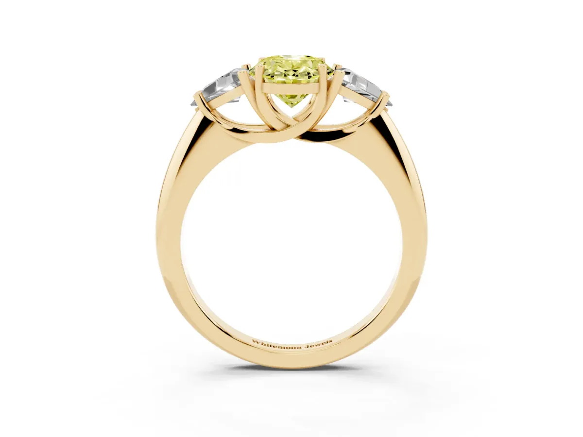 Fancy Yellow Three-Stone Oval Cut Diamond Engagement Ring with Trillion Side Stones and Prong Setting Yellow gold