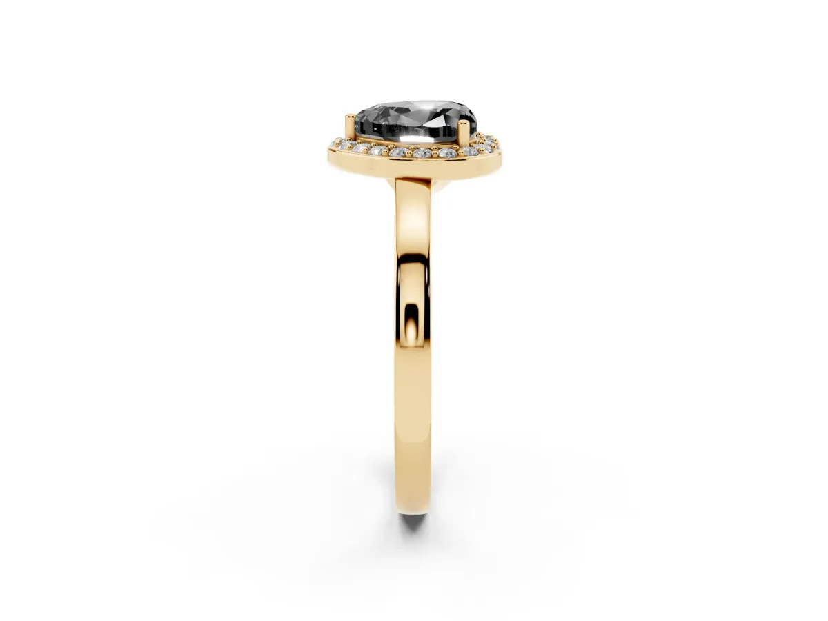 Fancy Black Heart Cut Halo Diamond Ring with Solitaire Band and Prong Setting Yellow gold
