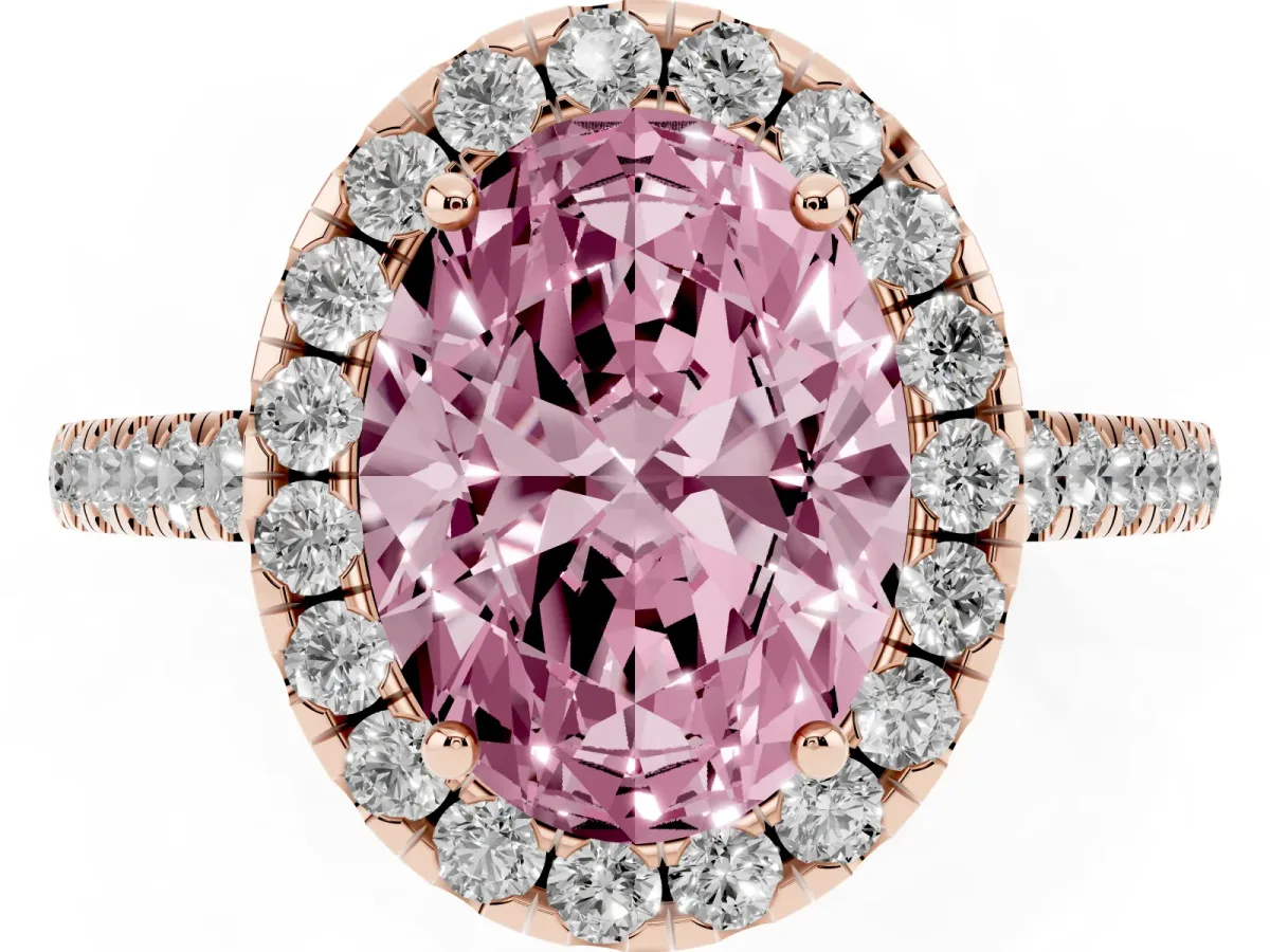Fancy Pink Oval Cut Halo Pave Diamond Engagement Ring with Four-Prong Setting Rose gold