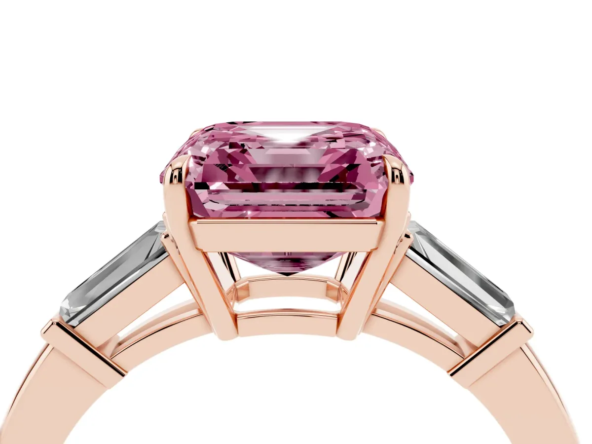 Fancy Pink Asscher Cut Diamond Three-Stone Ring with Tapered Baguette Side Stones and Prong Setting Rose gold