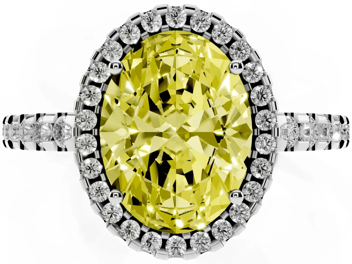 Fancy Yellow Oval Cut Diamond Halo Engagement Ring with Pavé Band and Prong Setting White gold