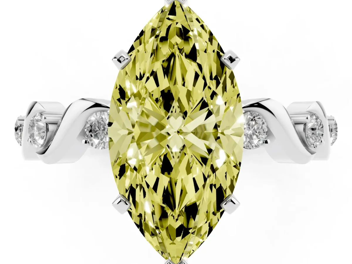 Fancy Yellow Marquise Cut Diamond Solitaire Twisted Band with Round Accents and Prong Setting White gold