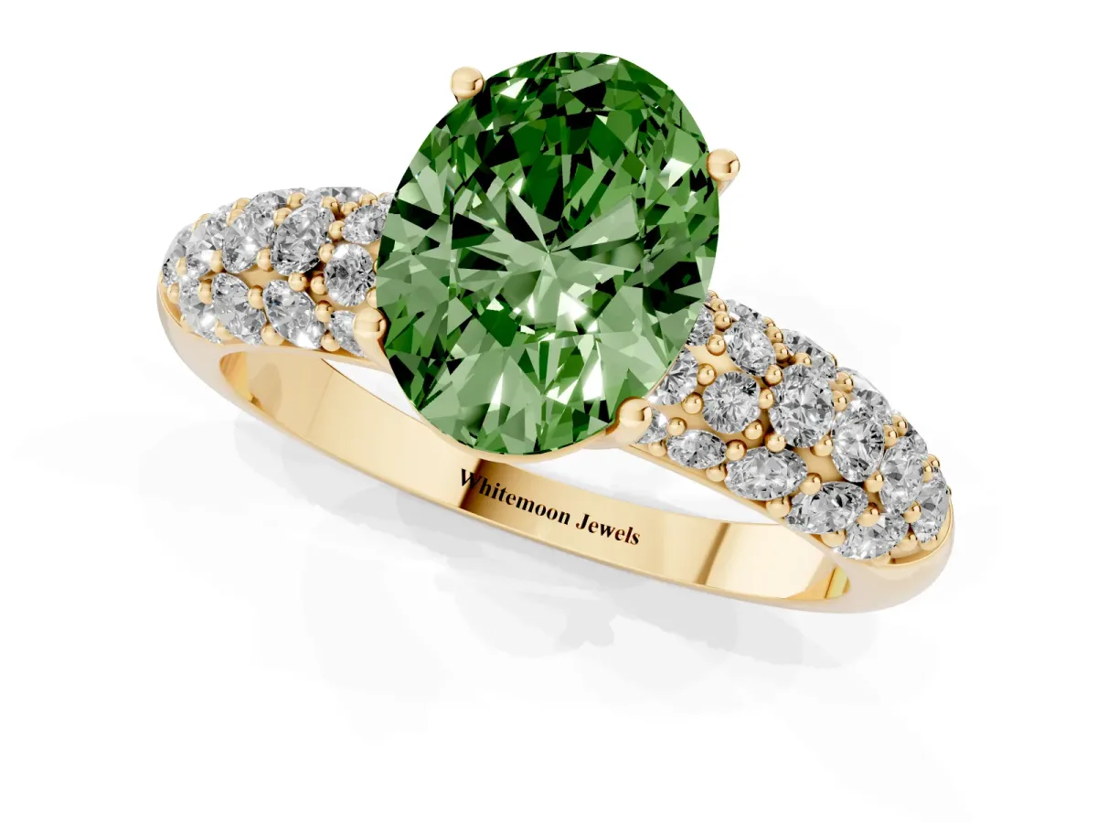 Fancy Green Oval Cut Diamond Pavé Band Solitaire Ring with Four-Prong Setting Yellow gold