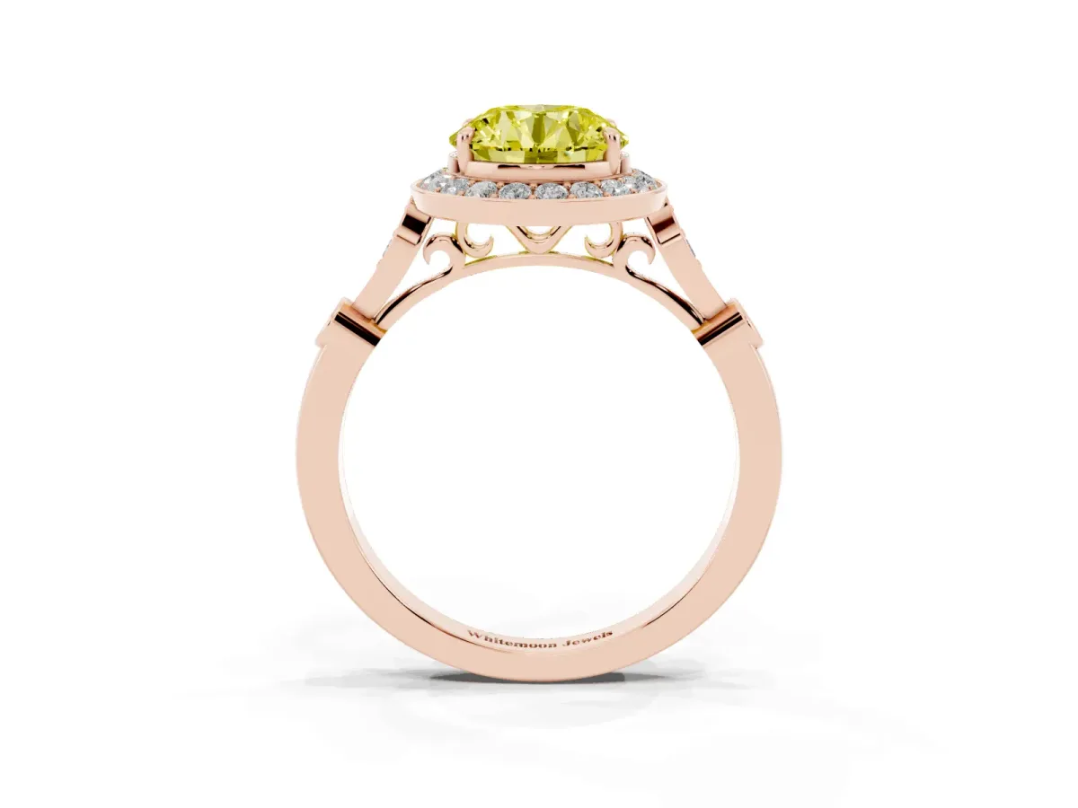 Fancy Yellow Round Cut Halo Diamond Engagement Ring with Twisted Band and Four-Prong Setting Rose gold