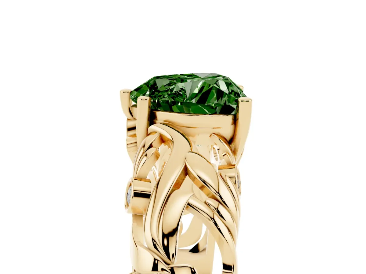 Fancy Green Heart Cut Solitaire Diamond Leaf-Inspired Vine Band Ring with Prong Setting Yellow gold