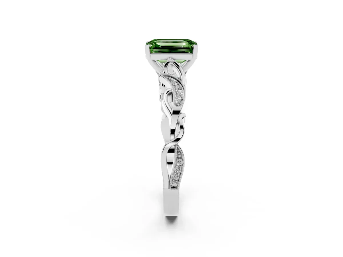 Fancy Green Emerald Cut Solitaire Vine Band with Milgrain Prong Setting Platinum