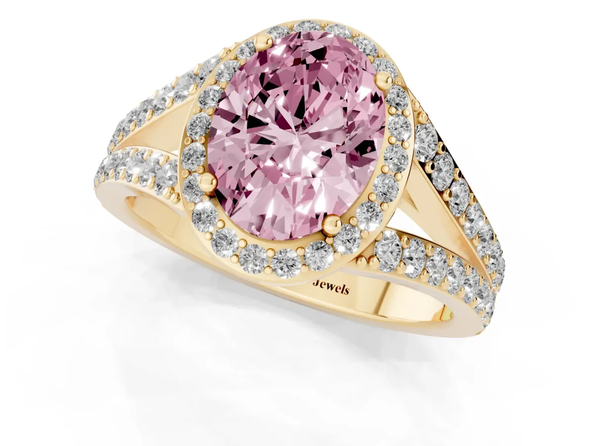 Fancy Pink Oval Cut Diamond Split Shank Halo Ring with Four-Prong Setting Yellow gold