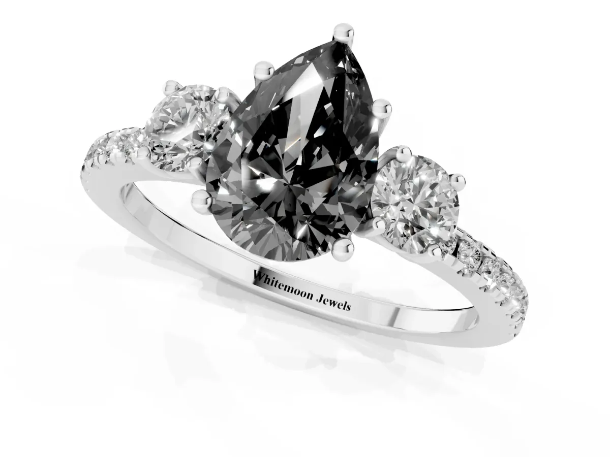Fancy Black Three-Stone Pear Cut Cut Diamond Pavé Band with Prong Setting Silver