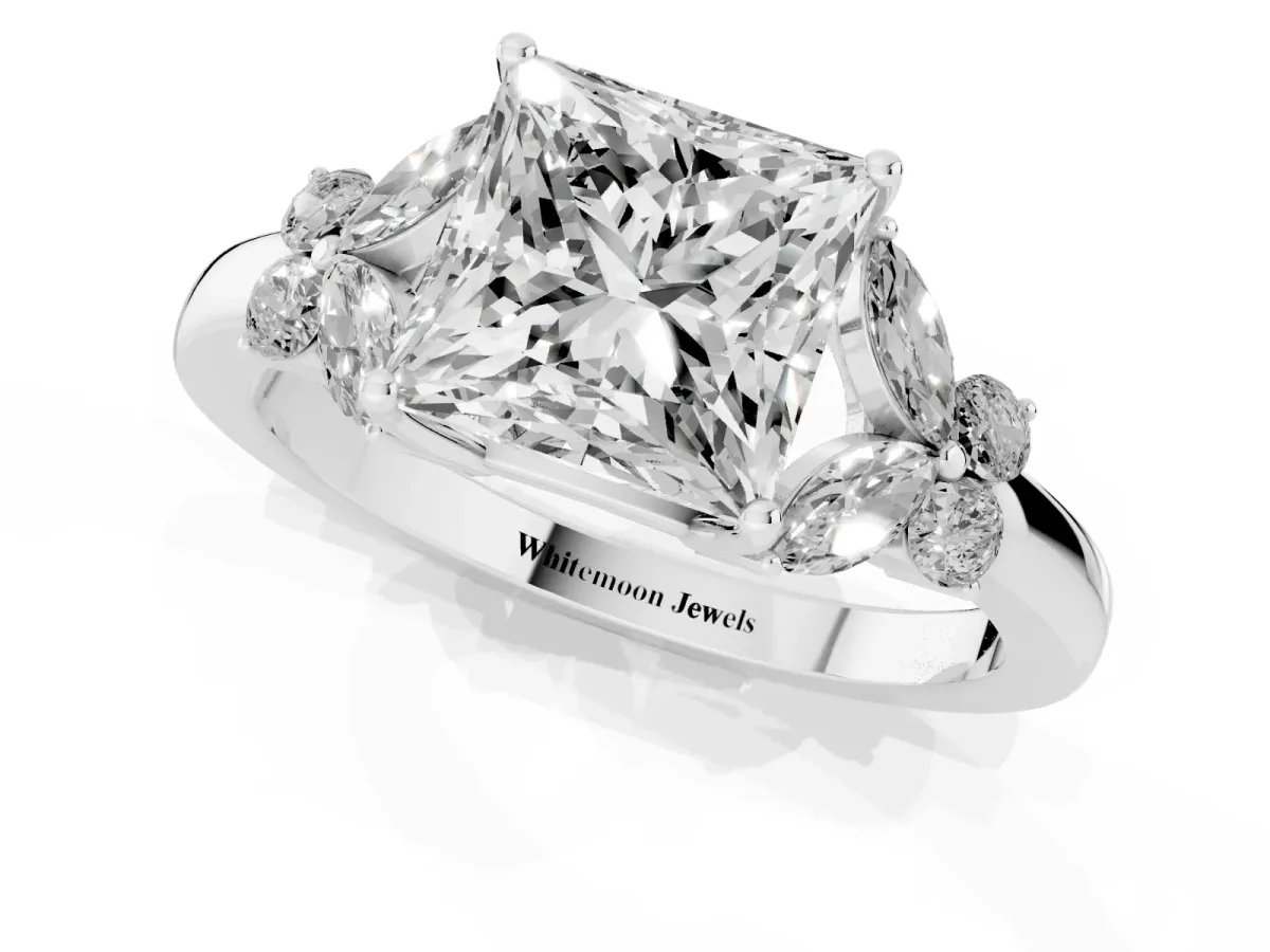 Princess Cut Cut Solitaire Floral Diamond Ring with Four-Prong Setting Platinum