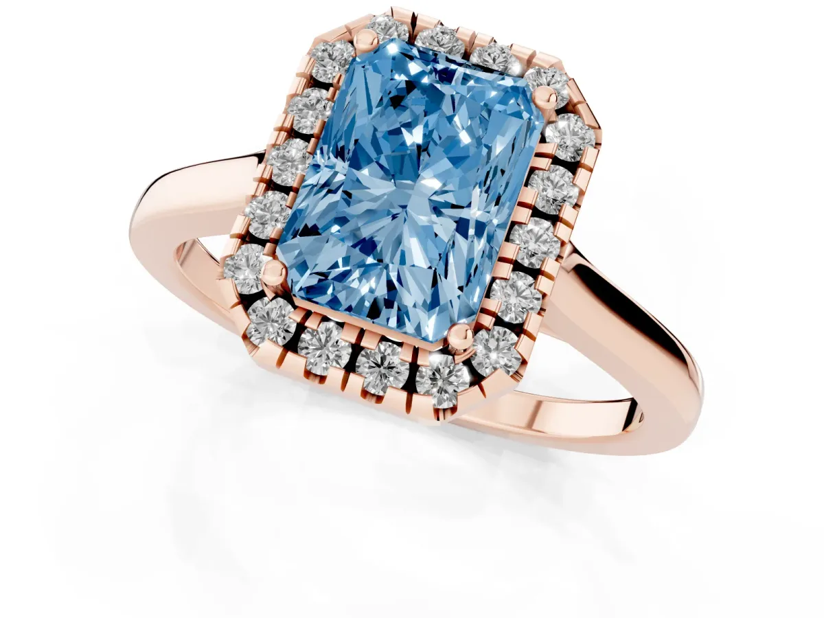 Fancy Blue Radiant Cut Halo Round Diamond Solitaire Ring with Pavé Band and Four-Prong Setting Rose gold