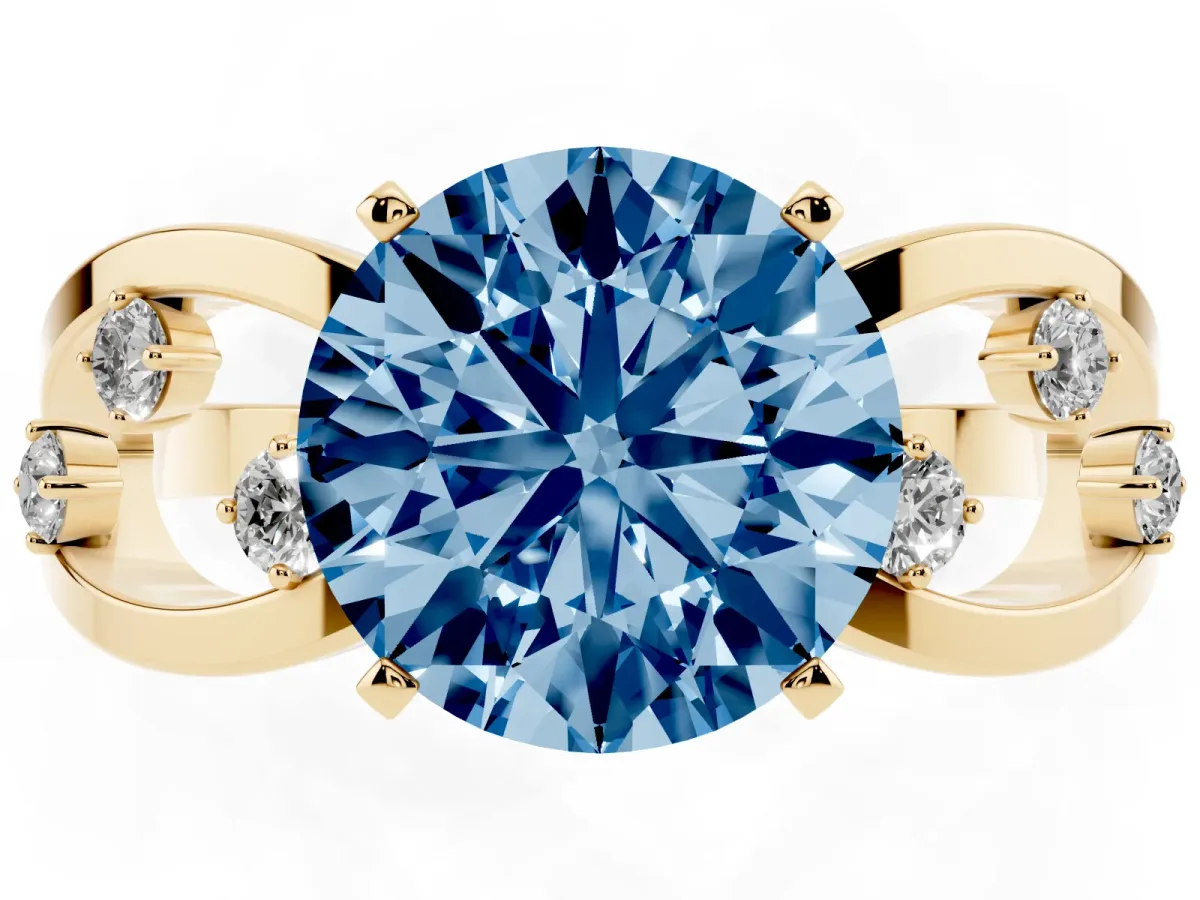 Fancy Blue Round Cut Cut Solitaire Diamond with Side Stones on Criss-Cross Band and Four-Prong Setting Yellow gold