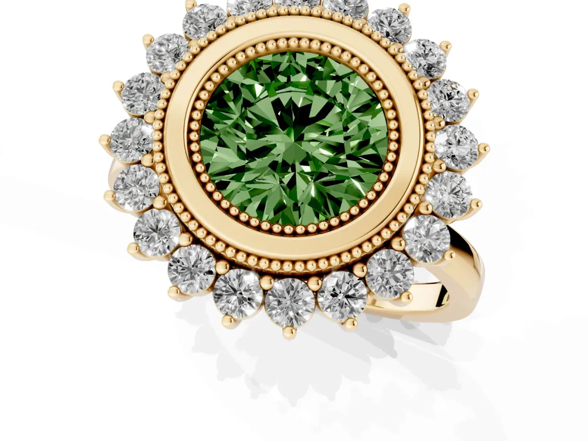 Fancy Green Round Cut Halo Diamond Ring with Milgrain Edge and Round Prong Setting Yellow gold