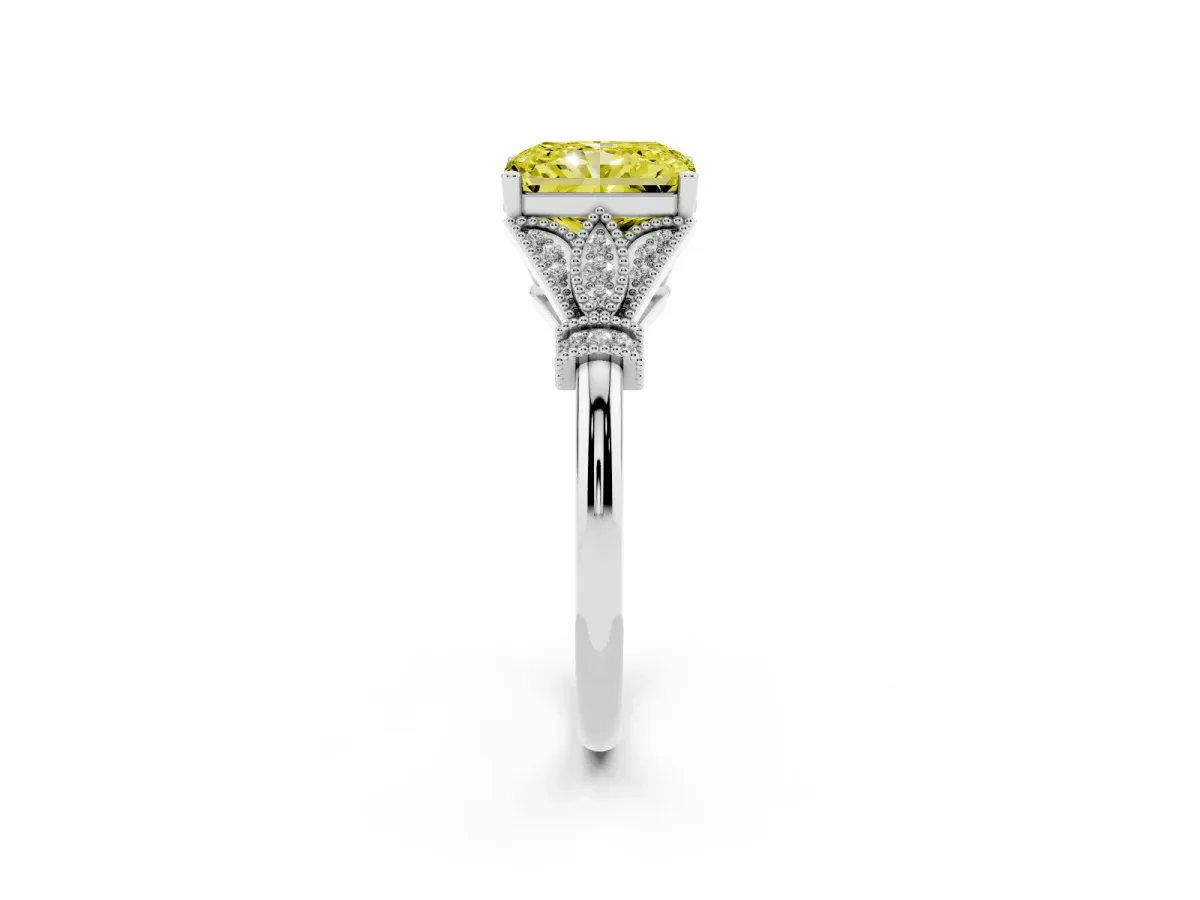 Fancy Yellow Radiant Cut Diamond Solitaire Ring with Floral Filigree and Pave Accents Silver
