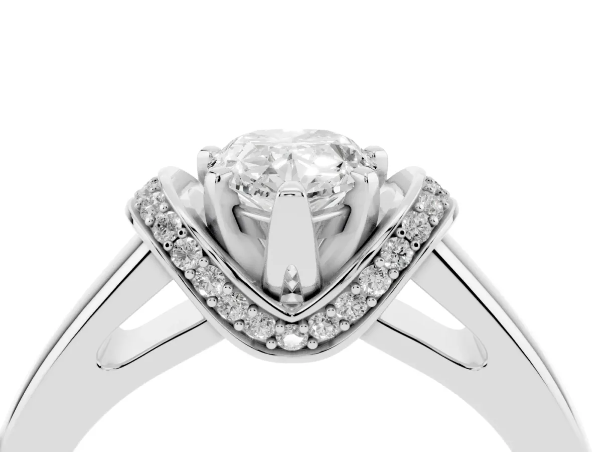 Pear Cut Solitaire Diamond Ring with Pave Band and Six-Prong Setting Silver
