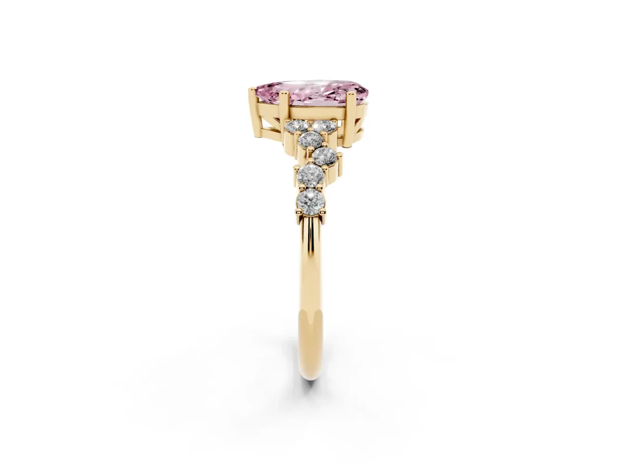 Fancy Pink Pear Cut Diamond Scattered Round Accent Ring with Prong Setting Yellow gold