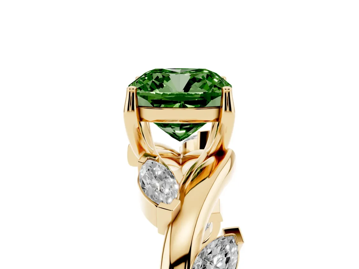 Fancy Green Cushion Cut Solitaire Twisted Band Marquise Accent Prong Setting Ring Yellow gold