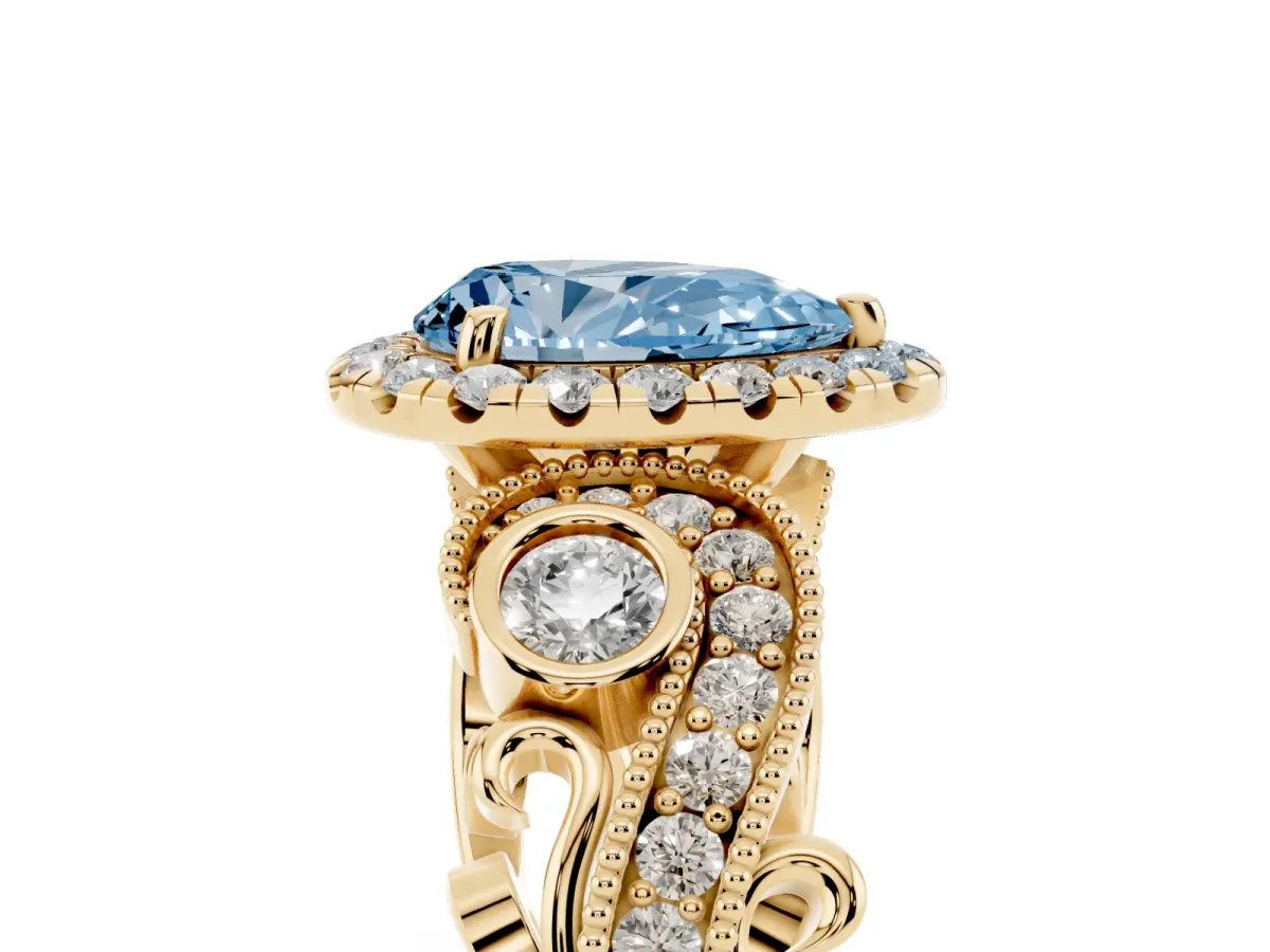 Fancy Blue Pear Cut Diamond Halo Ring with Milgrain Pavé Band and Four-Prong Setting Yellow gold