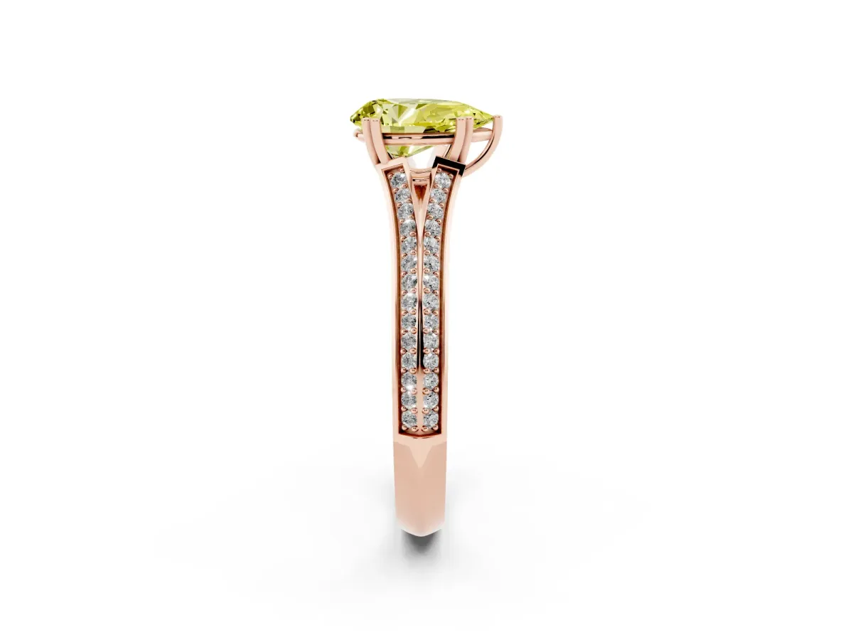 Fancy Yellow Pear Cut Diamond Split Shank Engagement Ring with Pavé Band Rose gold