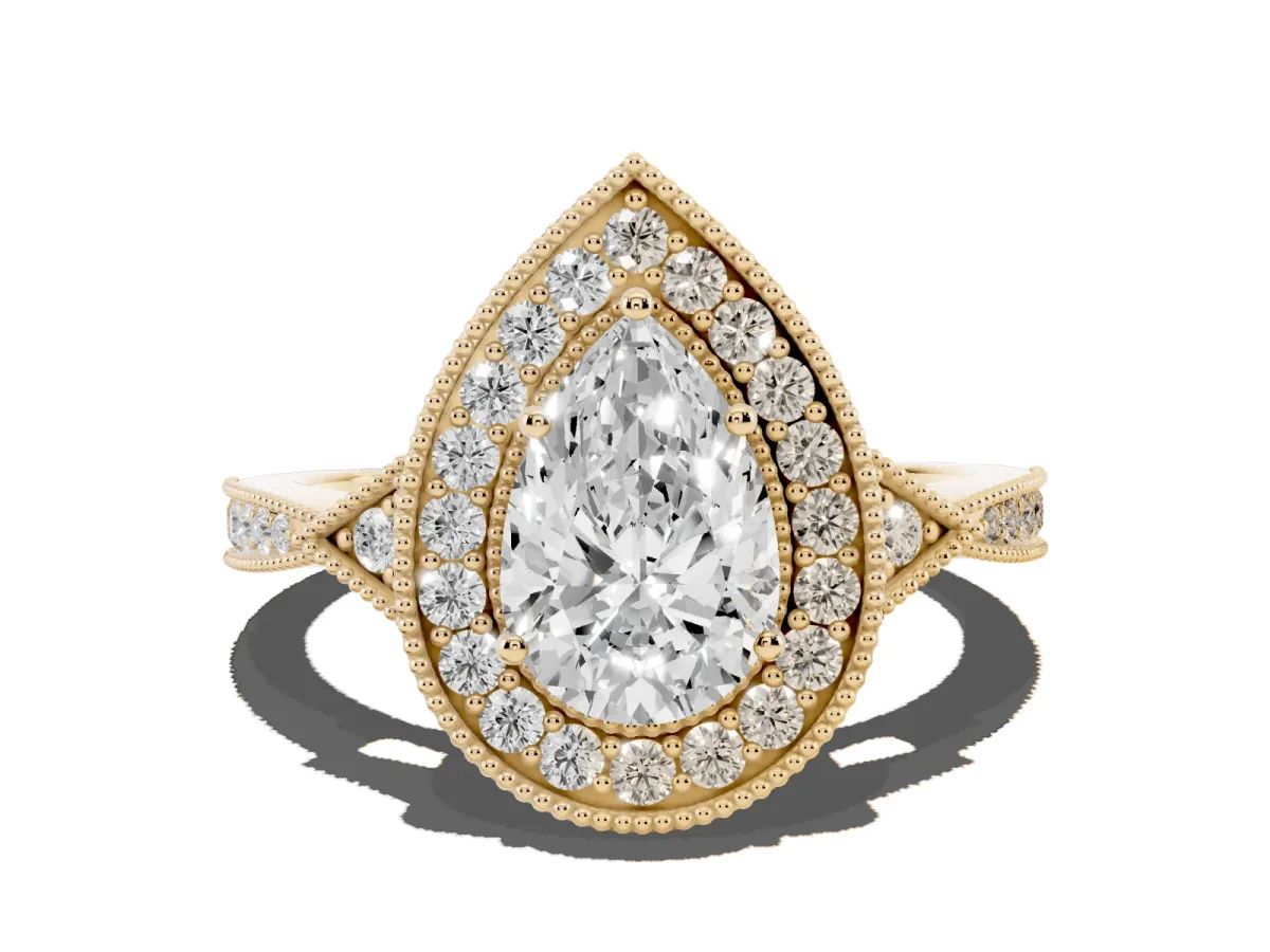 Pear Cut Halo Round Diamond Milgrain Pave Engagement Ring Yellow gold