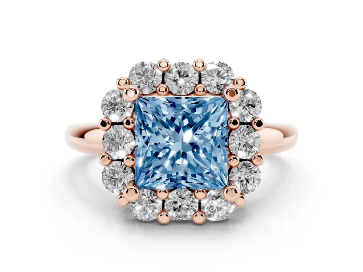 Fancy Blue Princess Cut Halo Cluster Diamond Engagement Ring with Prong Setting and Polished Band Rose gold