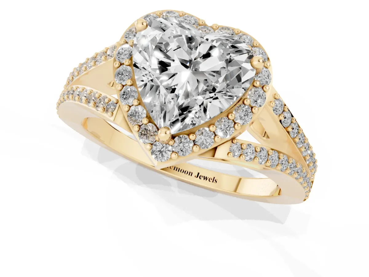 Heart Cut Halo Split Shank Pave Diamond Ring with Four-Prong Setting Yellow gold