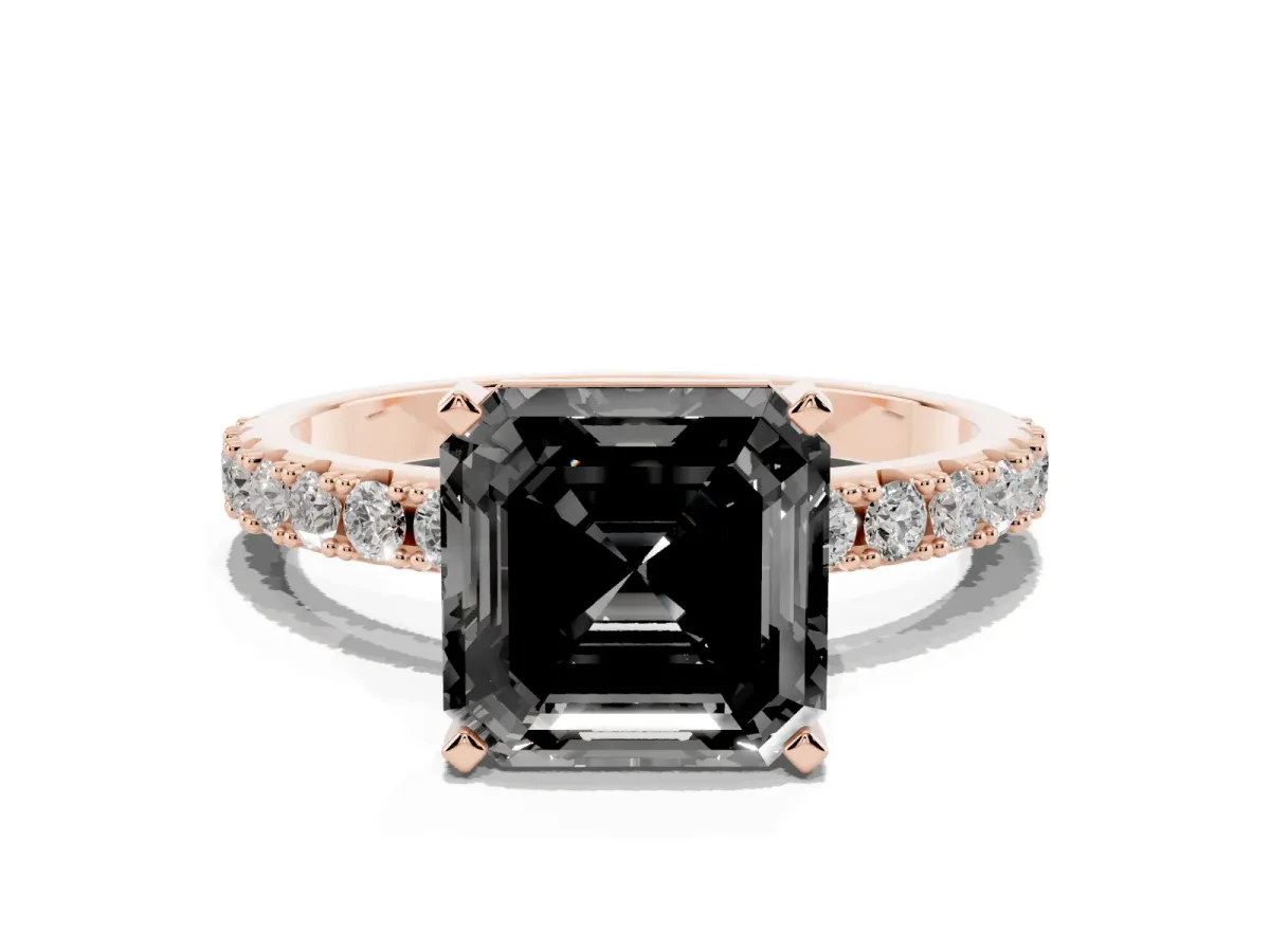Fancy Black Asscher Cut Diamond Solitaire Pavé Band with Four-Prong Setting Rose gold